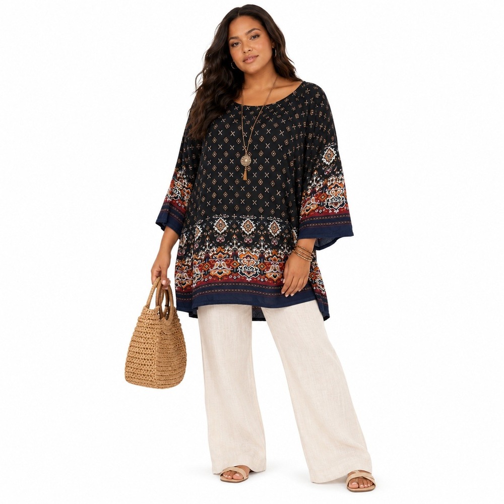 RISESUN Boho Geometric Medallion Print Tunic Bell Sleeve Top Navy Blue Size XXL